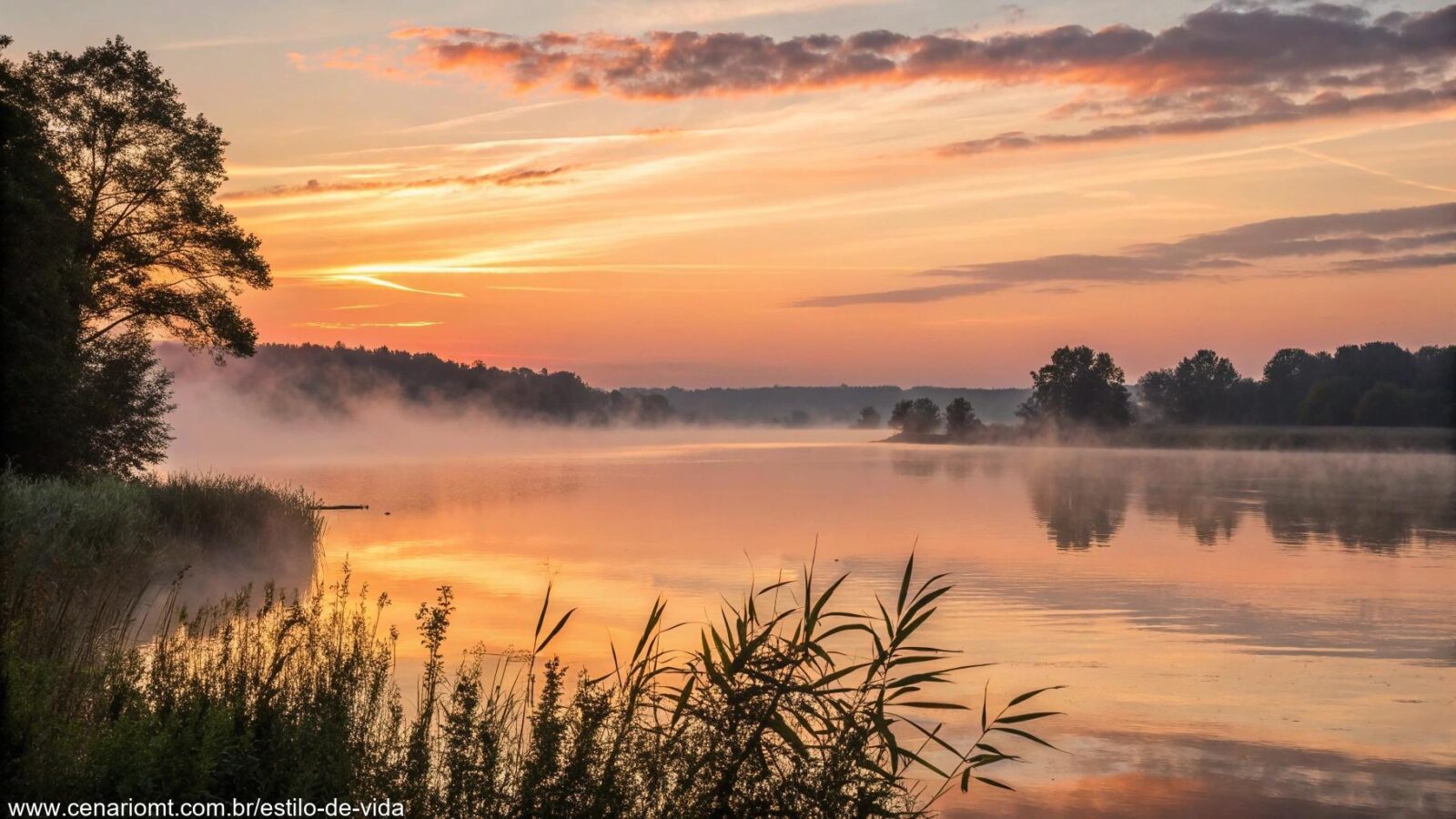 Nascer do sol sobre um lago calmo com luz dourada refletindo na água e neblina suave surgindo da superfície.