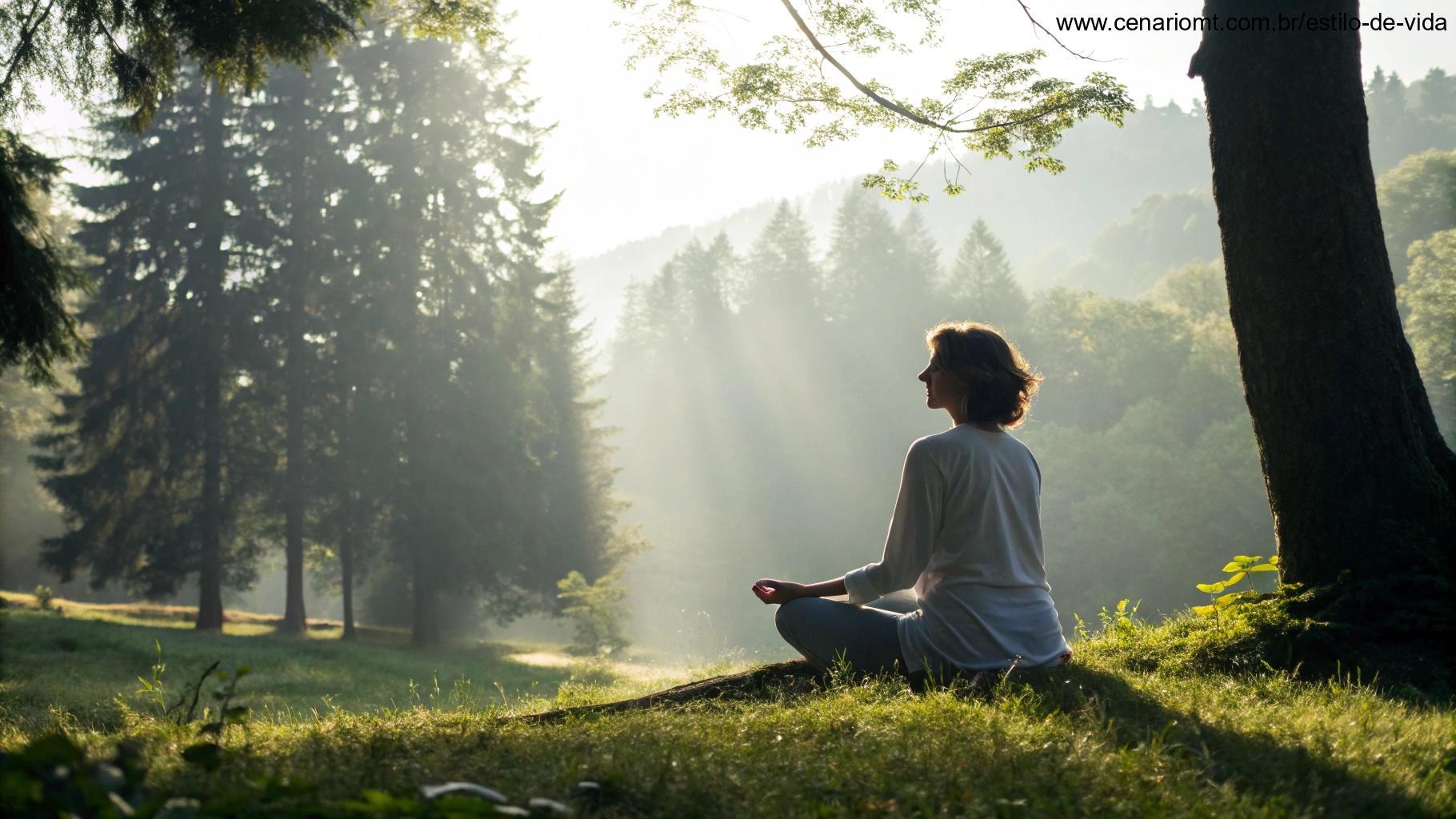 Imagem serena de uma pessoa meditando em um ambiente natural, com a luz suave filtrando pelas árvores, representando a graça de Deus.