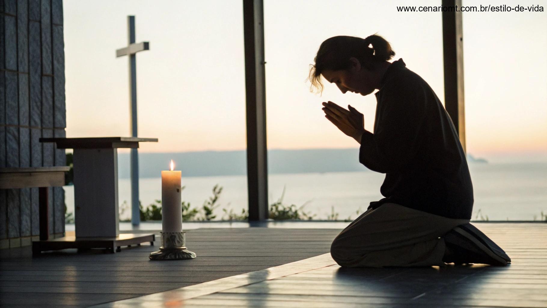 Pessoa ajoelhada em oração em um ambiente tranquilo, com uma vela acesa ao lado, simbolizando devoção e reflexão sobre a oração.