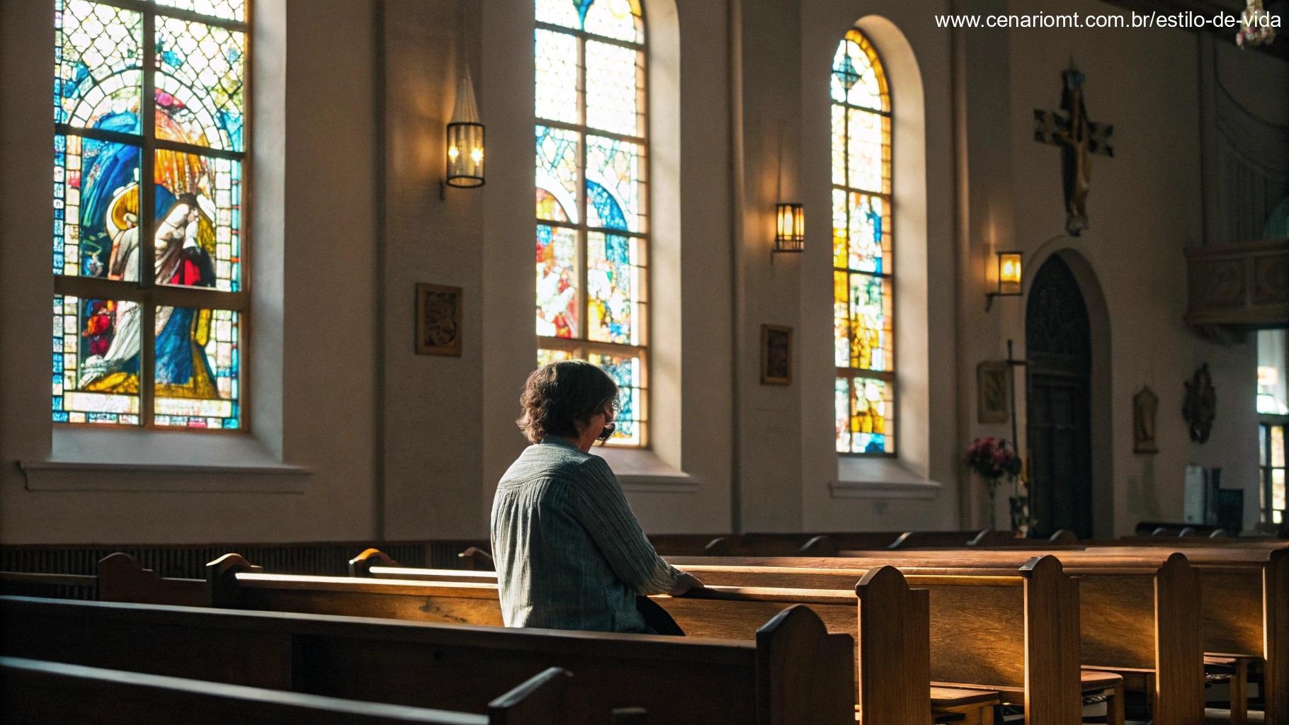 Interior tranquilo de uma igreja com luz suave e uma pessoa em reflexão.