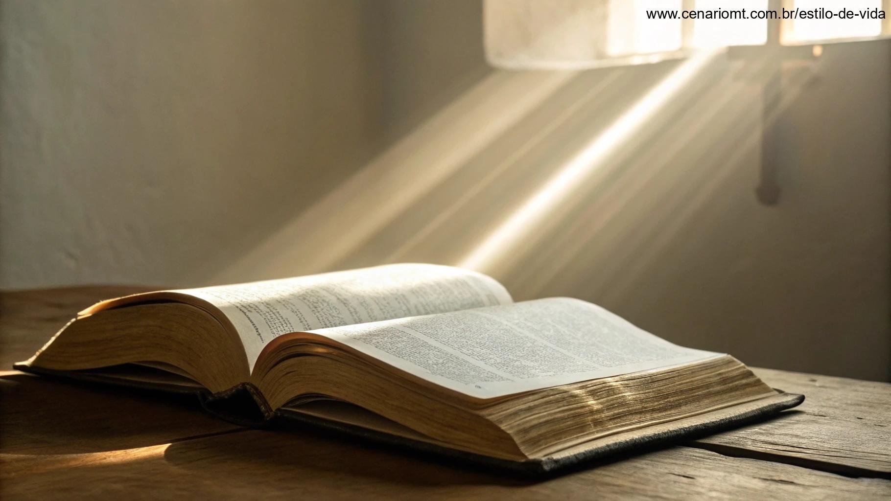 Uma Bíblia aberta com suaves raios de luz iluminando-a, simbolizando a Palavra de Deus.