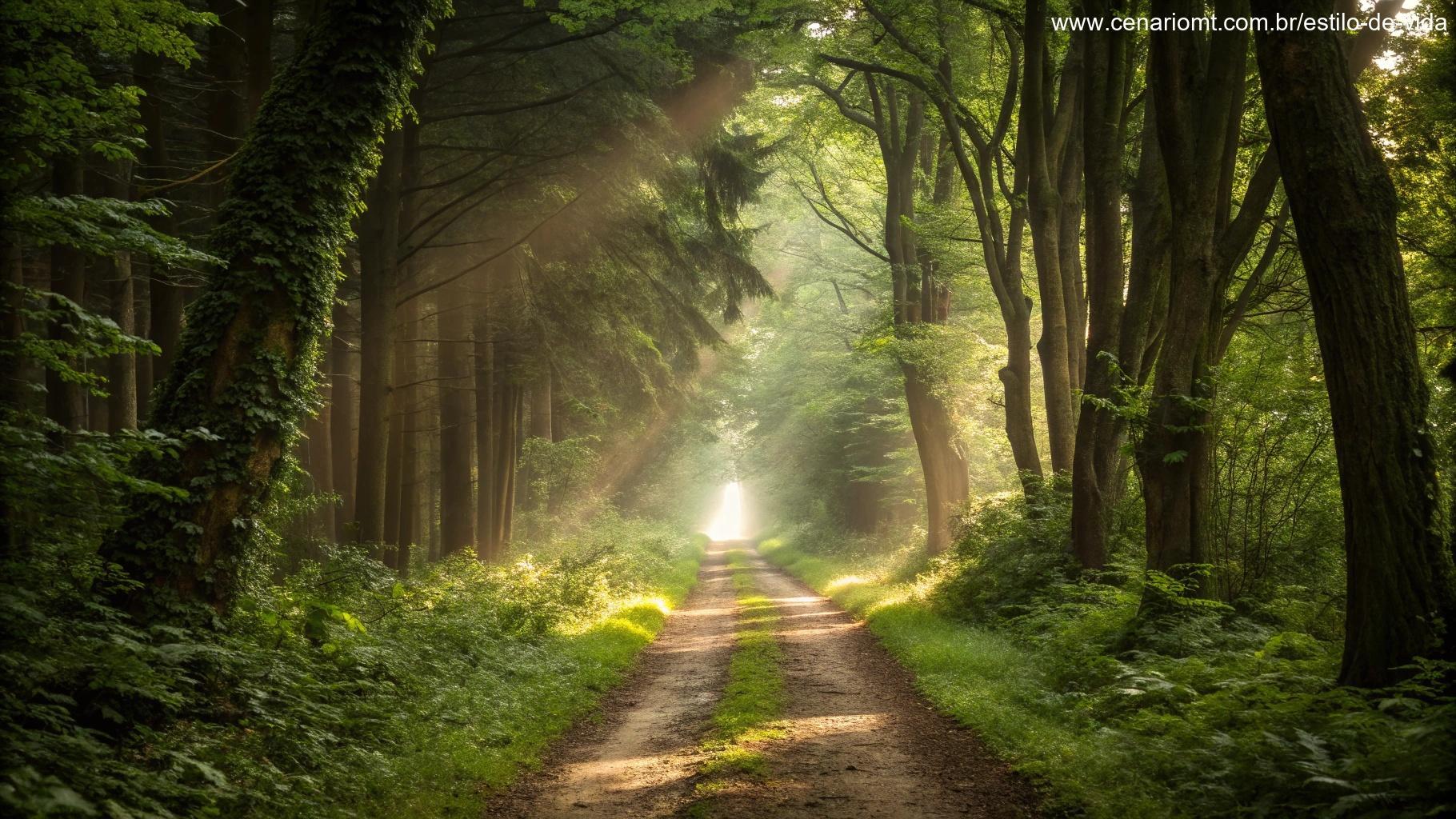 Luz divina iluminando um caminho sereno em uma floresta, com árvores altas e folhagem verde suave, simbolizando proteção e orientação.
