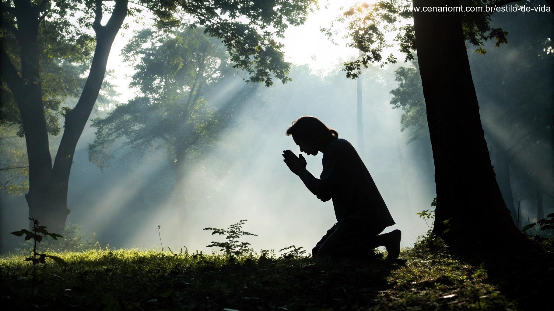 Silhueta de uma pessoa orando em um ambiente natural tranquilo, com luz filtrando através das árvores.
