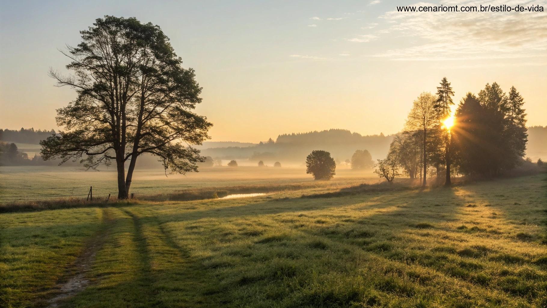 Amanhecer pacífico sobre um campo tranquilo, com luz suave iluminando o chão, representando esperança e reflexão.