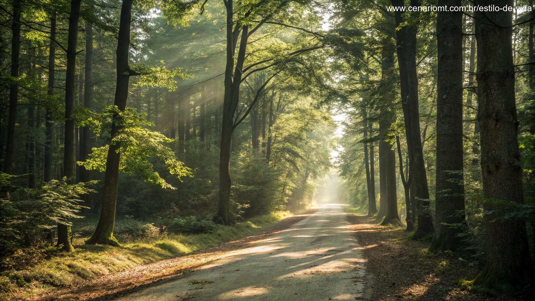 Caminho silencioso na floresta iluminado por raios de sol.