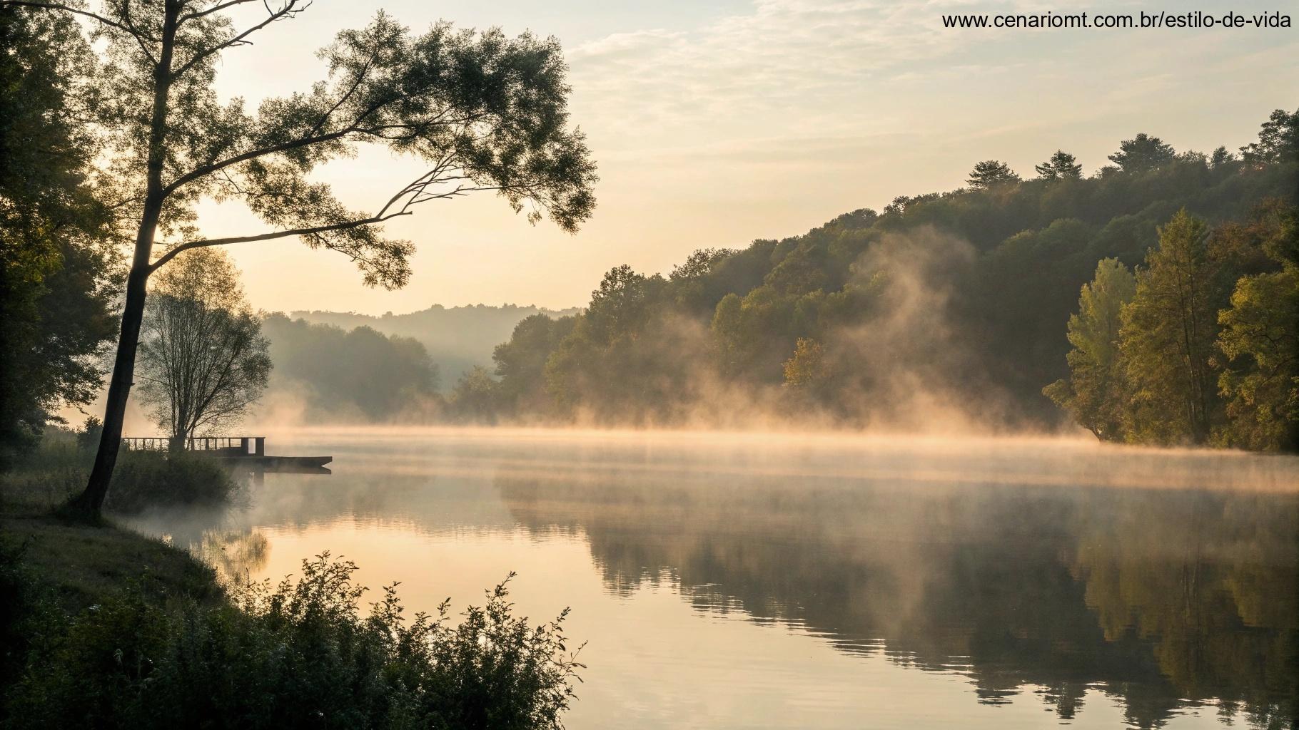 Manhã tranquila e reflexiva de domingo com uma leve névoa sobre um lago calmo, evocando pensamentos de fé e contemplação.