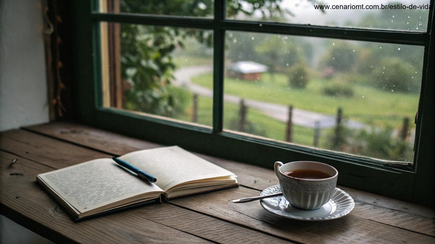 Jornal aberto com caneta e xícara de chá em uma mesa de madeira perto de uma janela com vista para um jardim tranquilo, simbolizando momentos de reflexão.