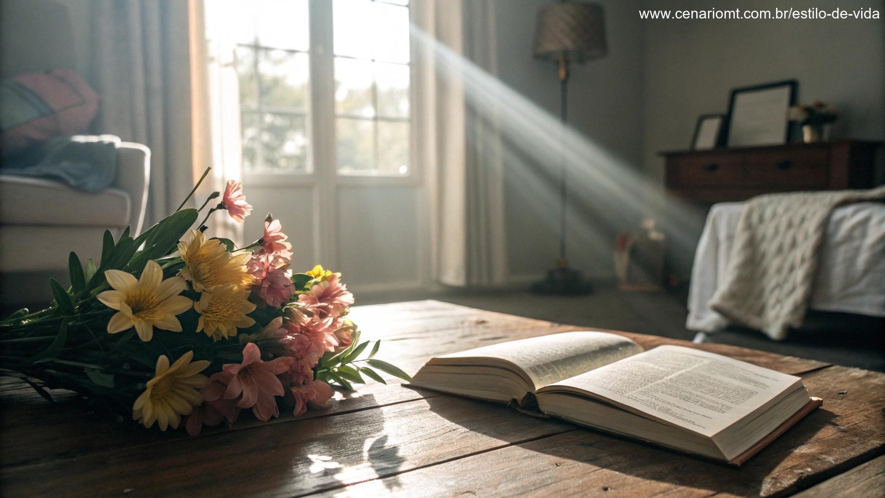 Cena inspiradora com livro, flores frescas e luz solar.