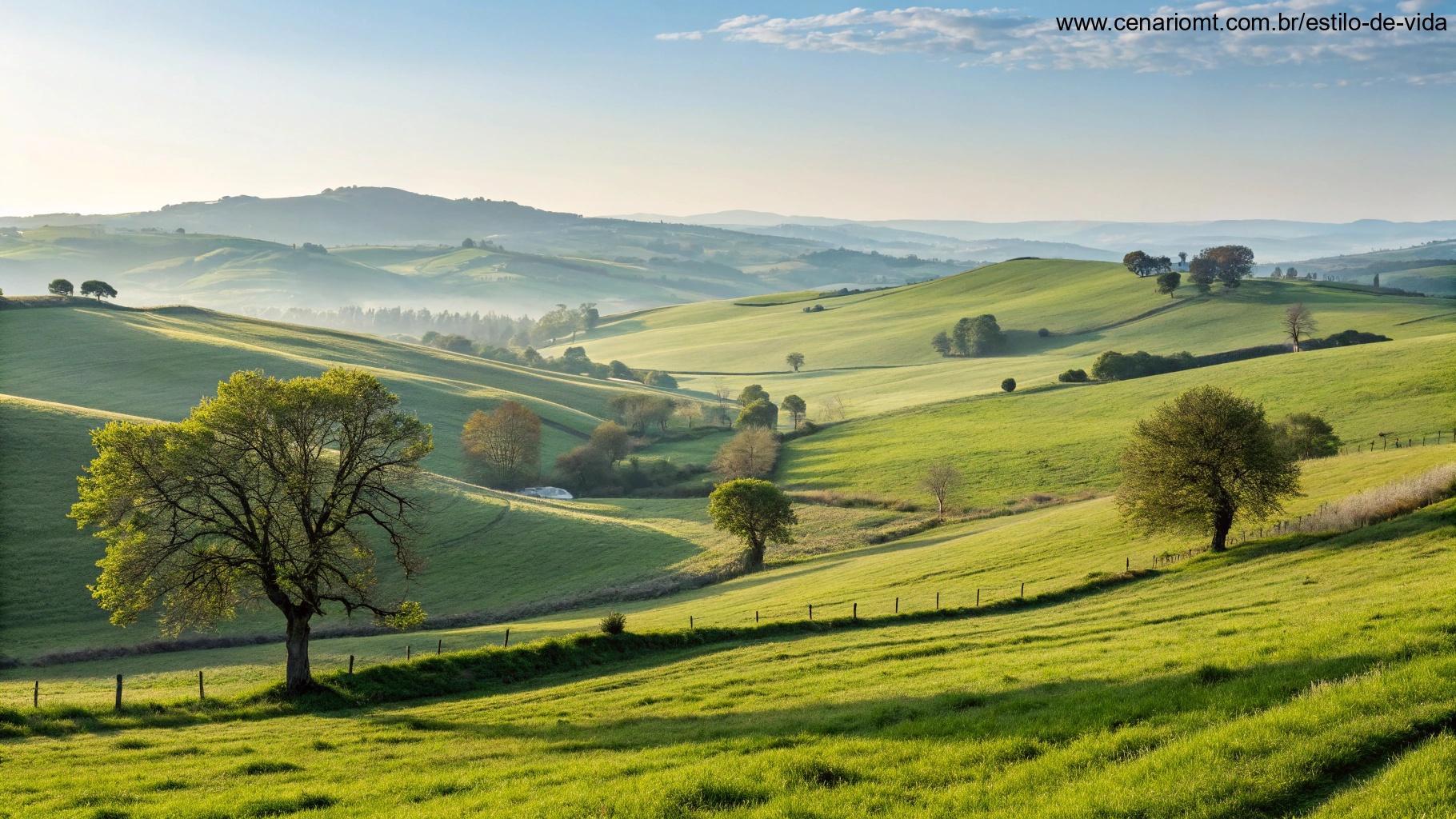 Cena tranquila do campo com colinas suaves e um céu azul claro, criando uma sensação de calma e reflexão para a manhã de domingo.
