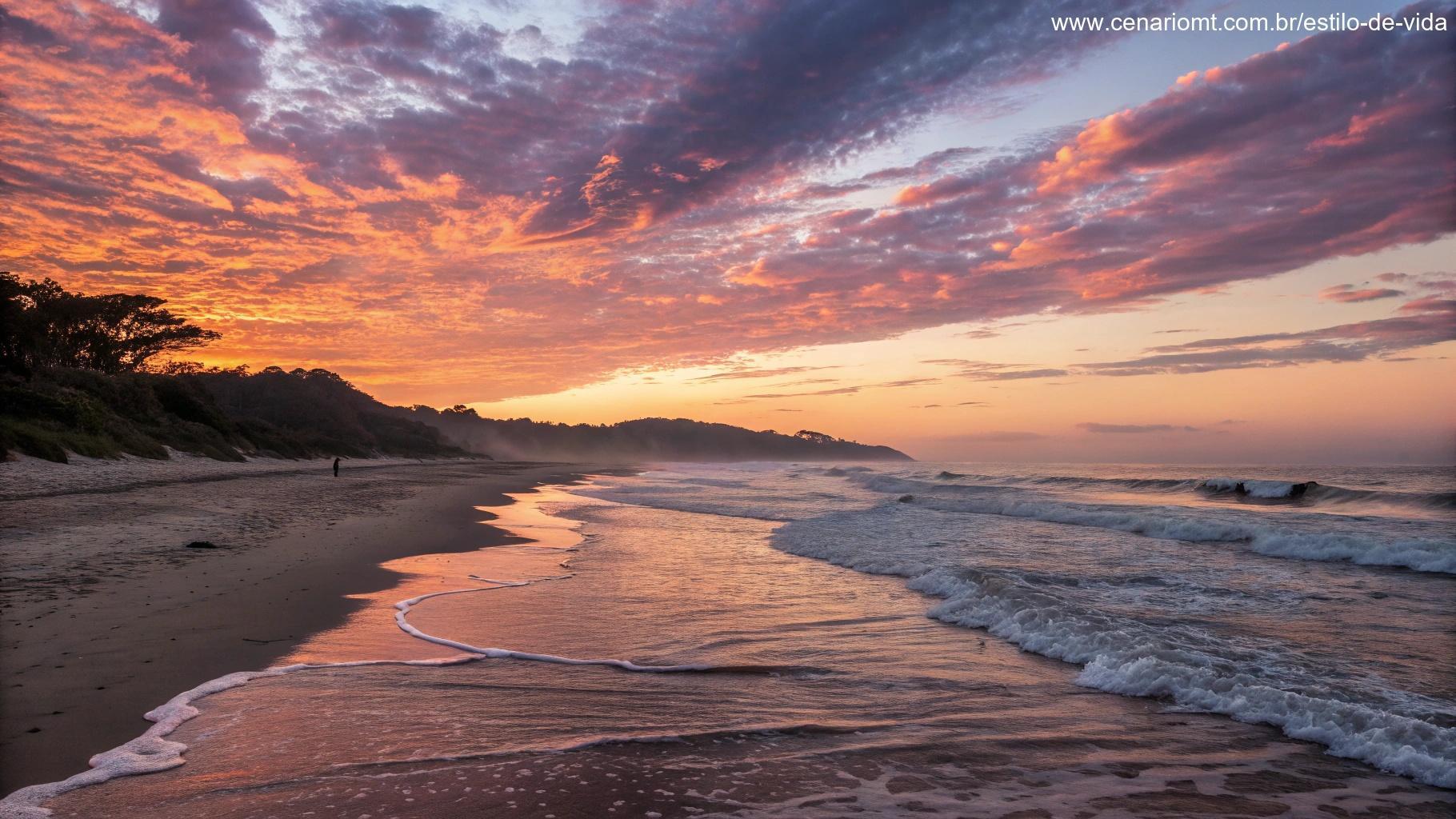 Momento de paz na praia com o pôr do sol e ondas suaves.