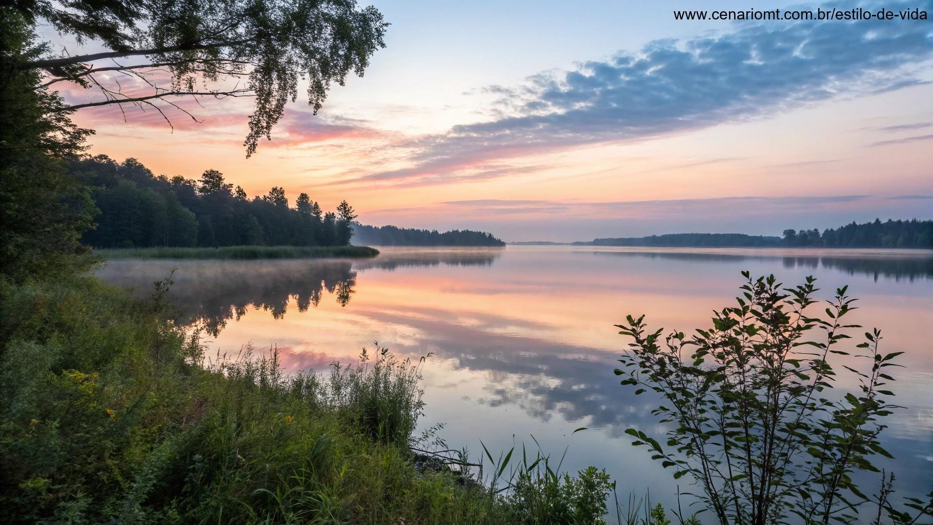 Cena reflexiva e calma de um lago tranquilo ao amanhecer, com cores suaves no céu e água serena, simbolizando reflexão para um sábado abençoado.