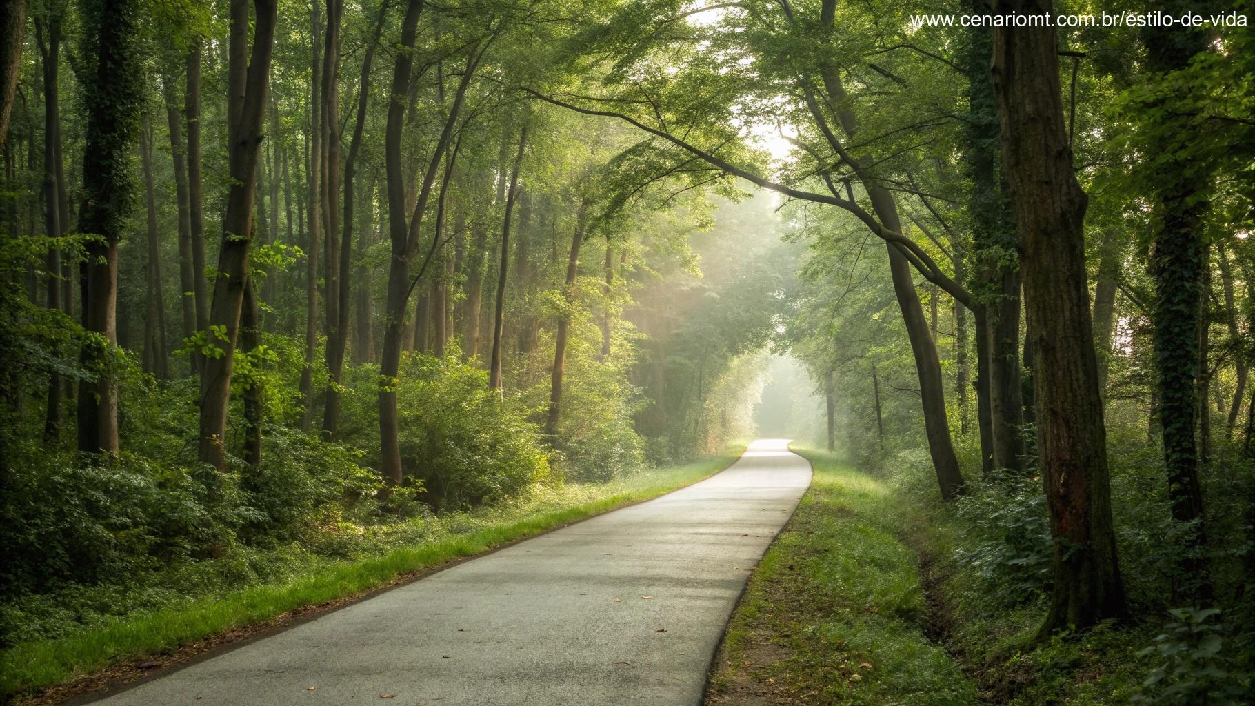Imagem de um caminho tranquilo na floresta, representando paz e tranquilidade.