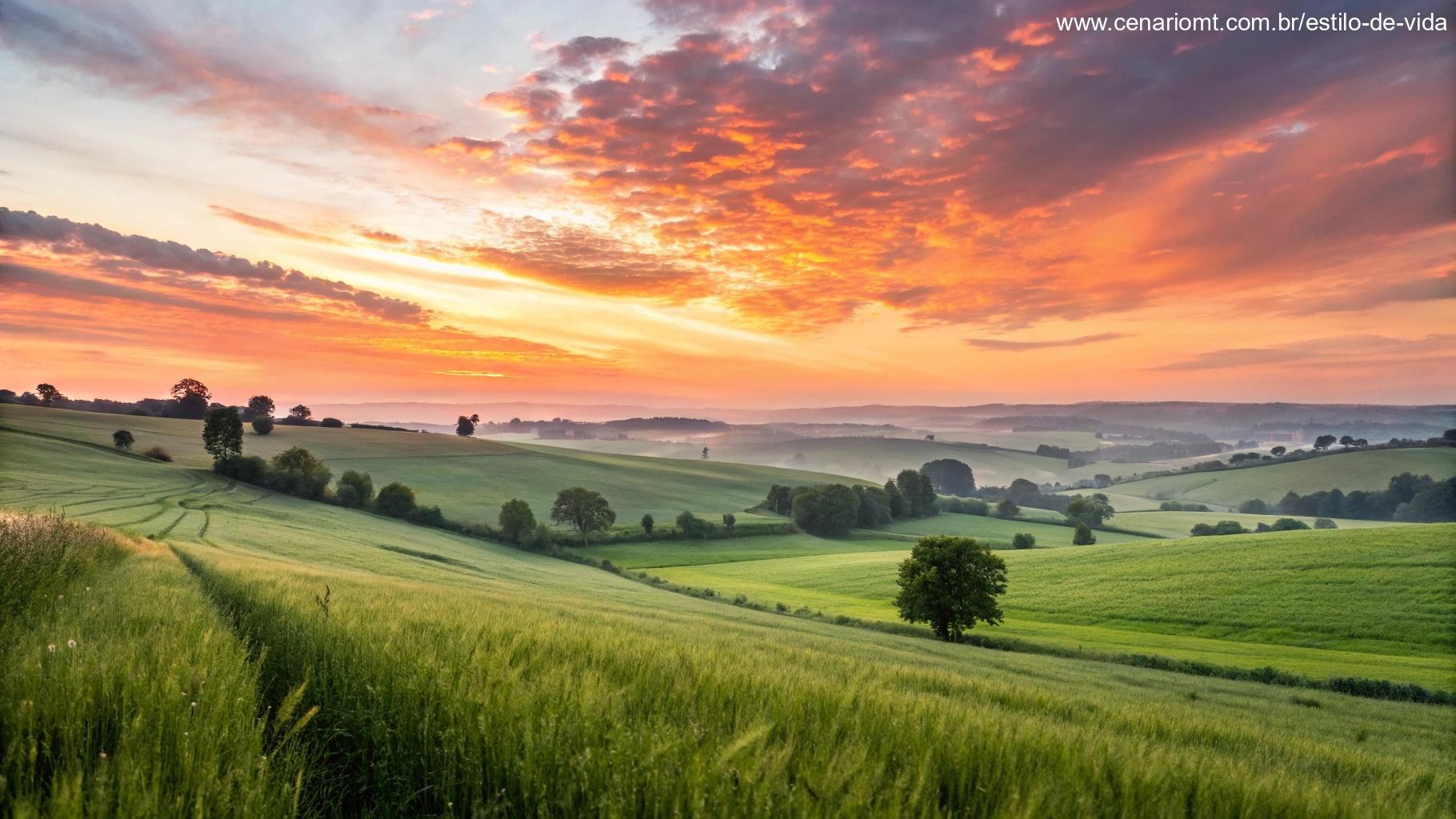 Lindo nascer do sol sobre um campo tranquilo, simbolizando o poder da fé e das bênçãos, com cores vibrantes do céu refletindo esperança e positividade para um sábado abençoado, com campos verdes e brisas suaves.