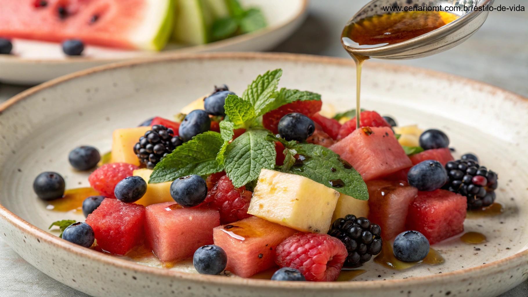Uma colorida salada de frutas de verão com cubos de melancia, frutas vermelhas frescas, hortelã e um toque de mel.