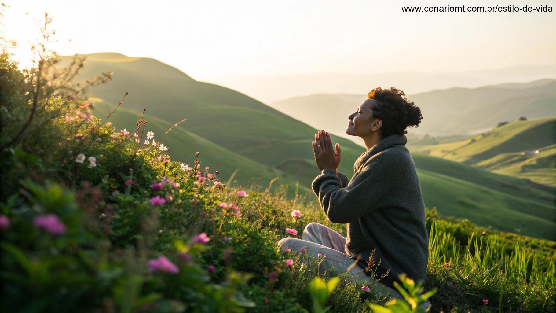 Cena motivacional e inspiradora de uma pessoa orando na natureza ao nascer do sol, com mãos unidas e cercada por colinas verdes e flores desabrochando.