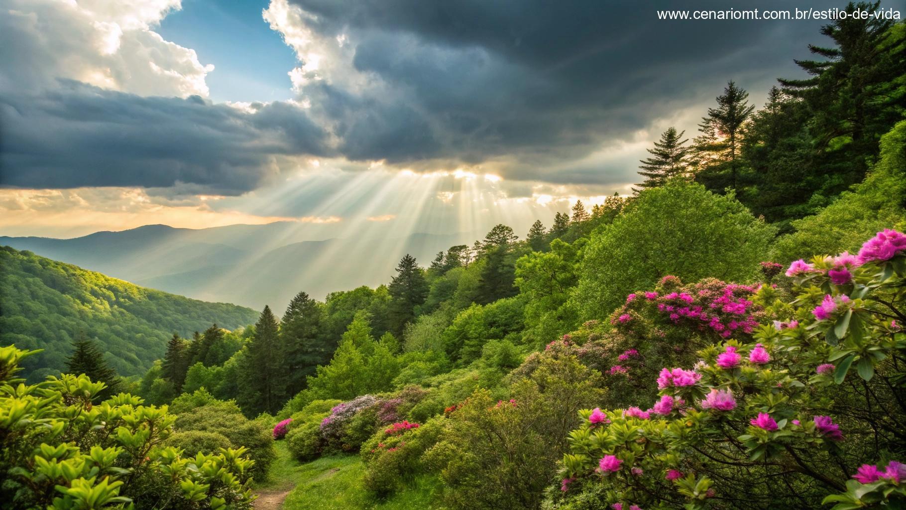 Uma cena vibrante com vegetação exuberante, flores coloridas e raios de sol atravessando as nuvens, representando o renovo de energia e boas vibrações.
