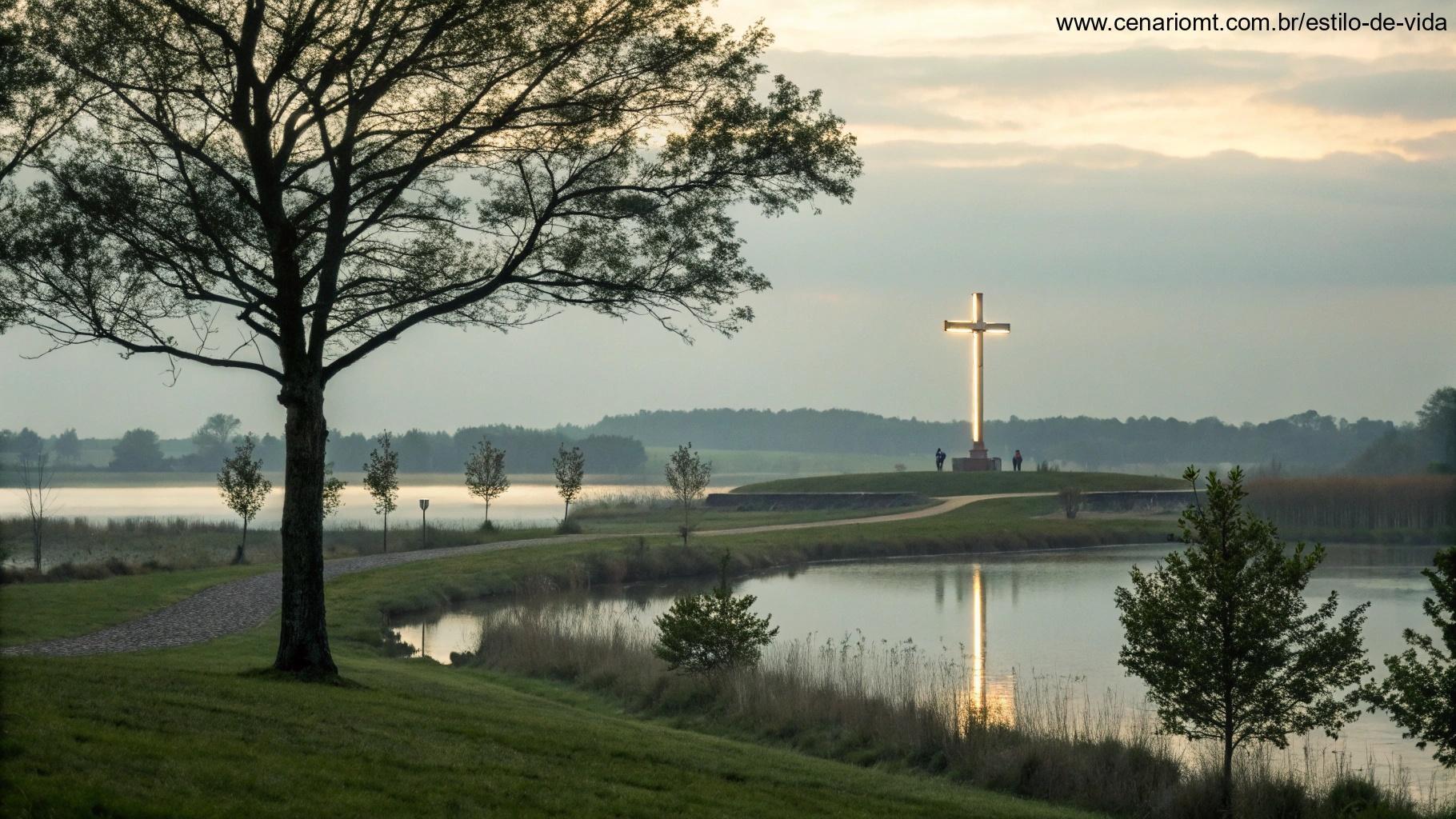Paisagem serena com luz suave iluminando uma cruz ao fundo, simbolizando a renovação da esperança através do amor de Deus.