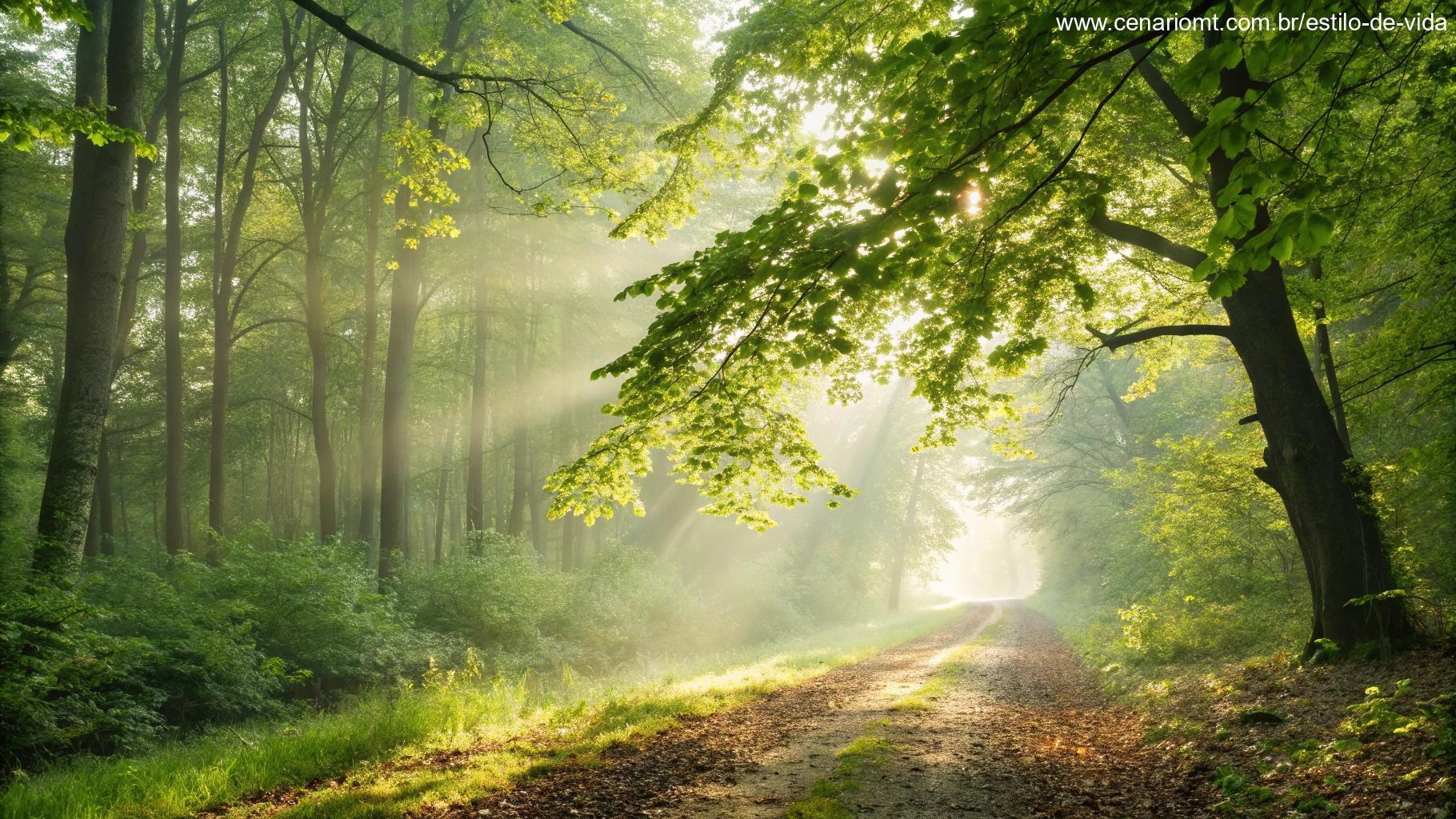 Caminho iluminado pelo sol em meio a uma floresta verdejante, simbolizando renovação.