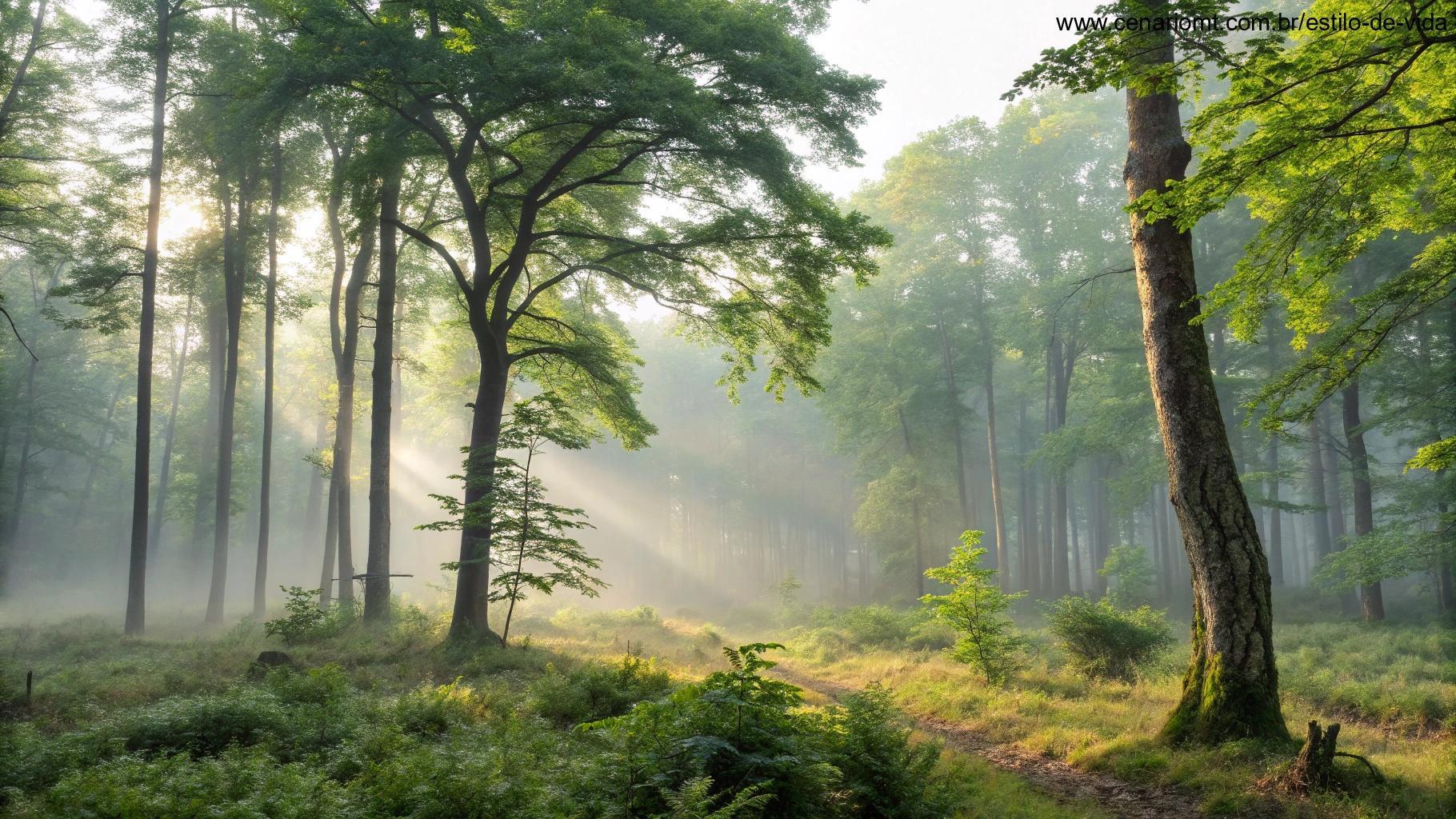 Floresta vibrante com névoa matinal e raios de sol iluminando o chão da floresta