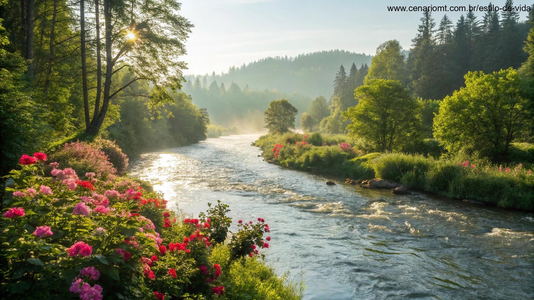 Manhã revigorante à beira de um rio fluindo, cercado por árvores verdes exuberantes e flores vibrantes, com a luz do sol refletindo na água, trazendo sensação de renovação de energia.