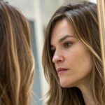 Mulher pensando em qual corte de cabelo escolher: repicado ou reto.