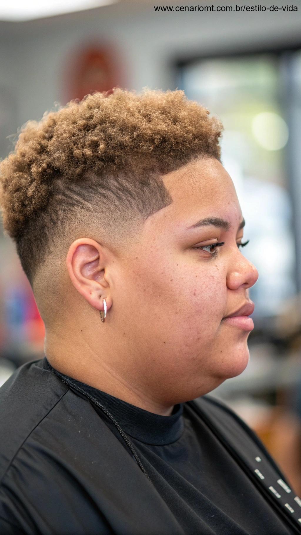 Pessoa com rosto grande e corte de cabelo curto texturizado.