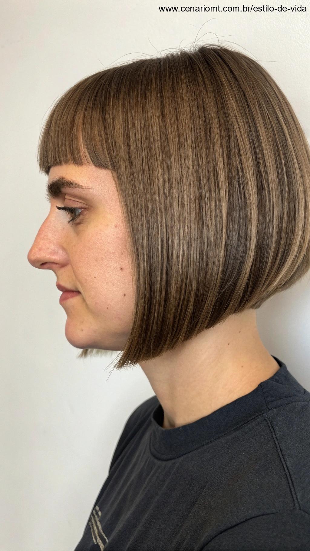Pessoa com rosto longo e corte de cabelo bob curto em camadas.