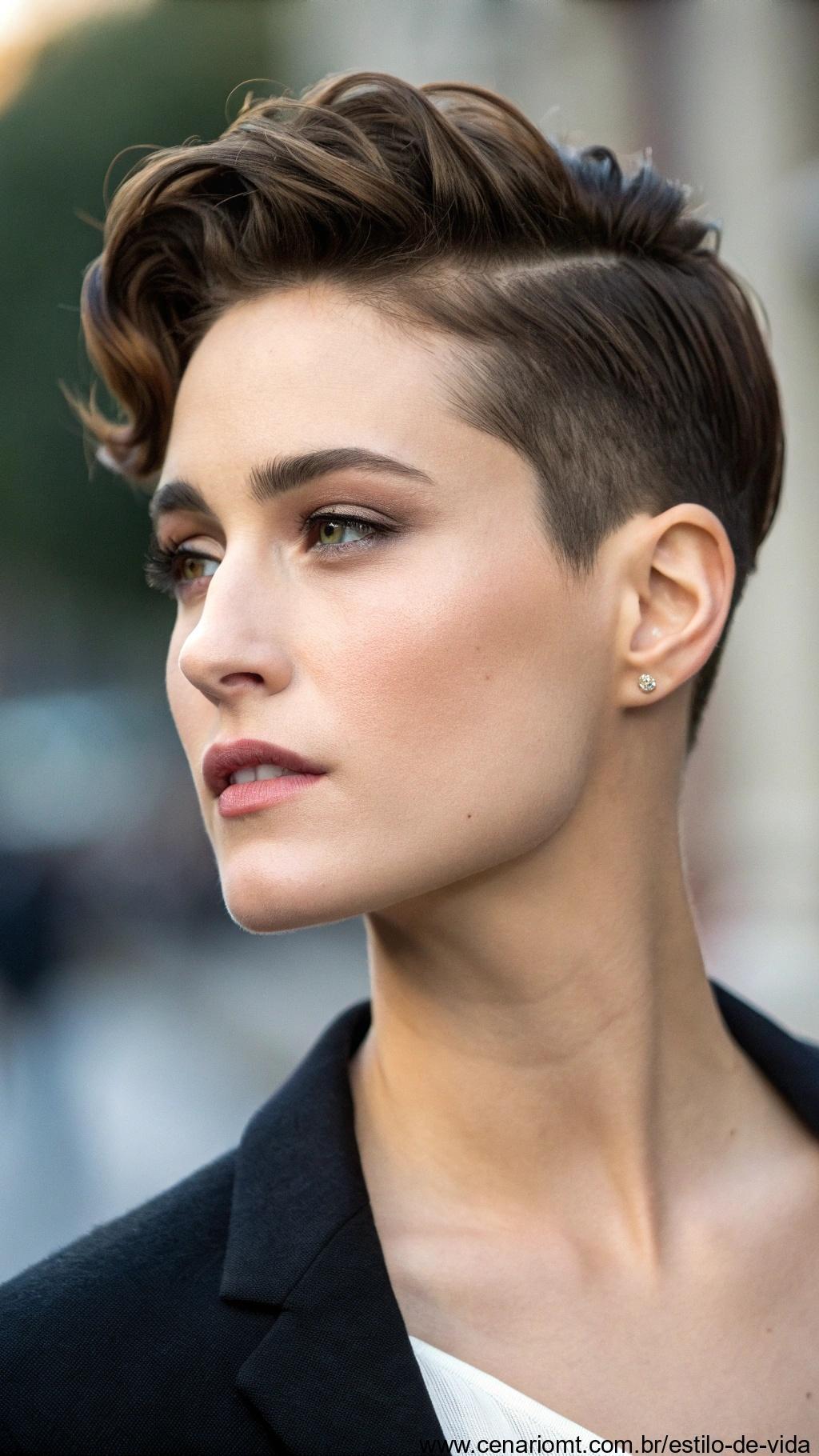 Pessoa com rosto oval e corte de cabelo curto elegante.