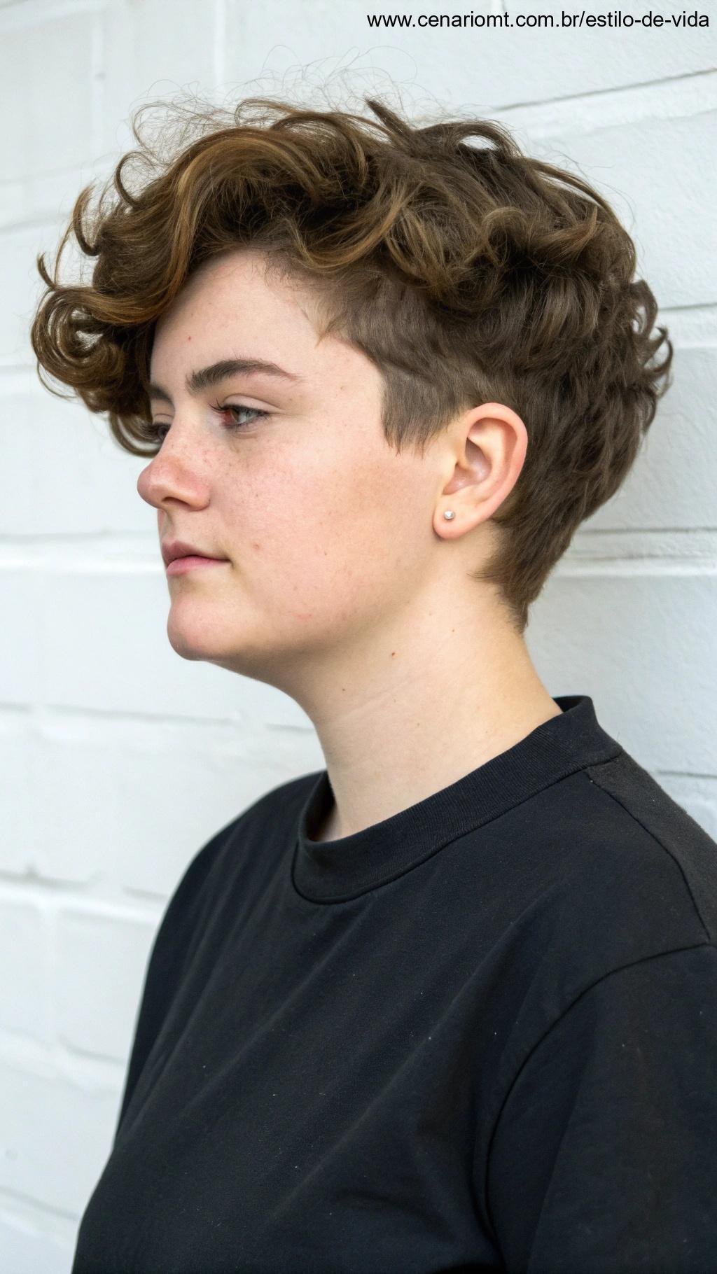 Pessoa com rosto retangular e corte de cabelo curto volumoso.