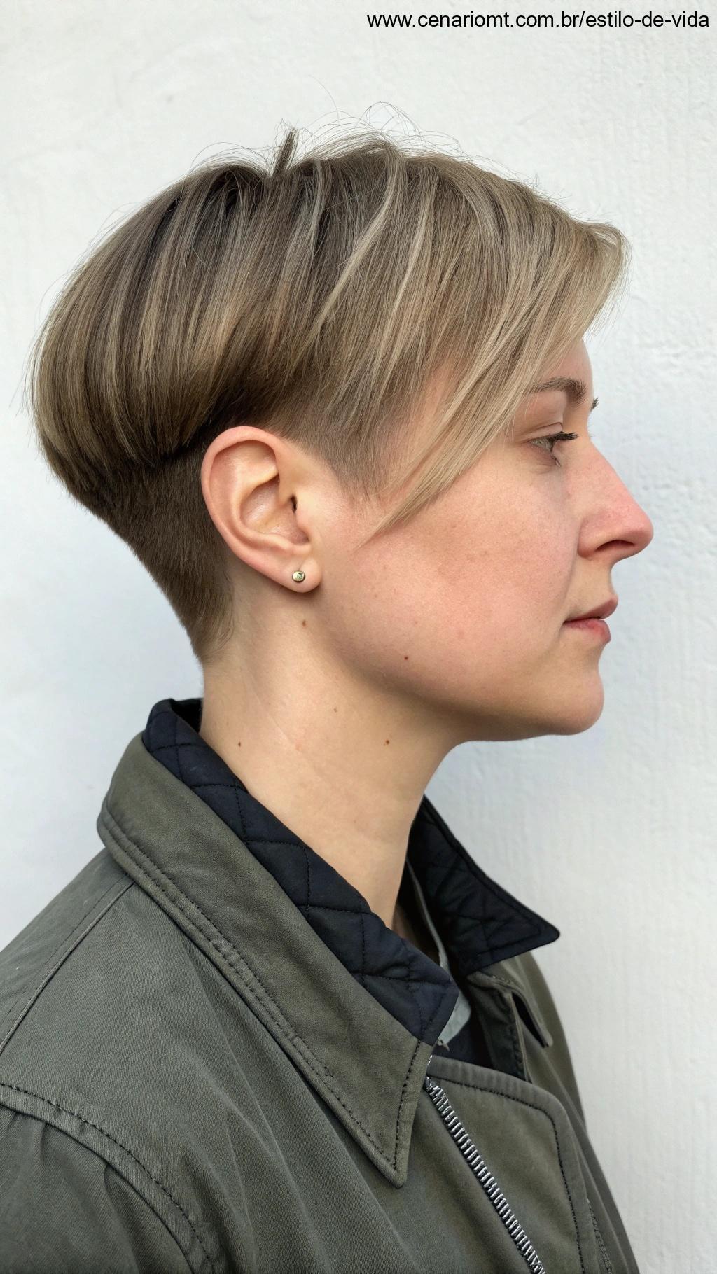 Pessoa com rosto triangular e corte de cabelo curto em camadas.