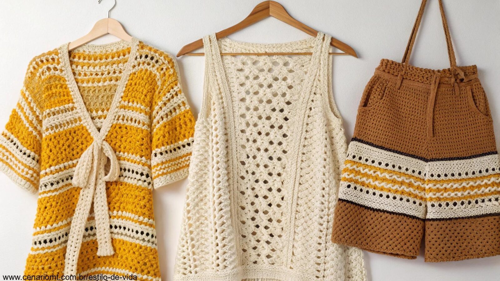 Uma coleção de roupas de crochê, mostrando designs modernos e padrões para 2025, com várias texturas e estilos, com cores vibrantes, neutras e terrosas.