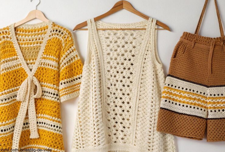 Uma coleção de roupas de crochê, mostrando designs modernos e padrões para 2025, com várias texturas e estilos, com cores vibrantes, neutras e terrosas.