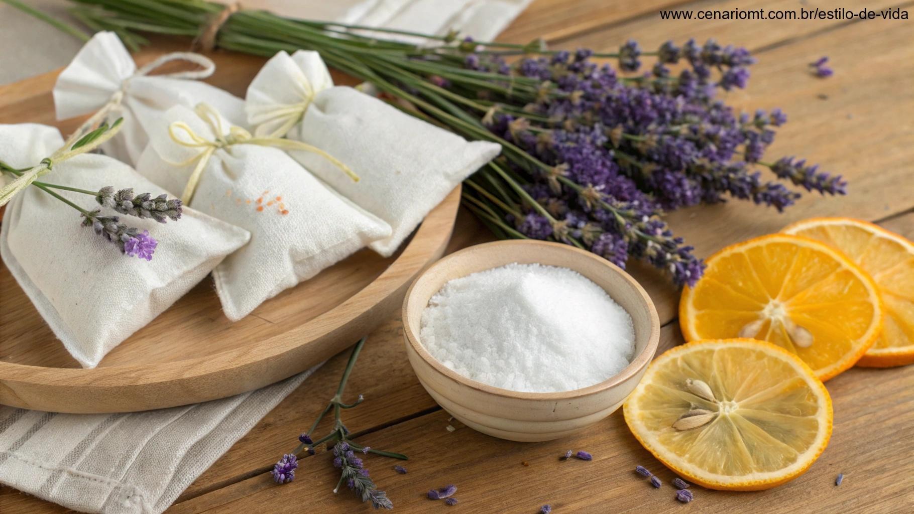 Sachês aromáticos e bicarbonato de sódio em superfície de madeira com lavanda.