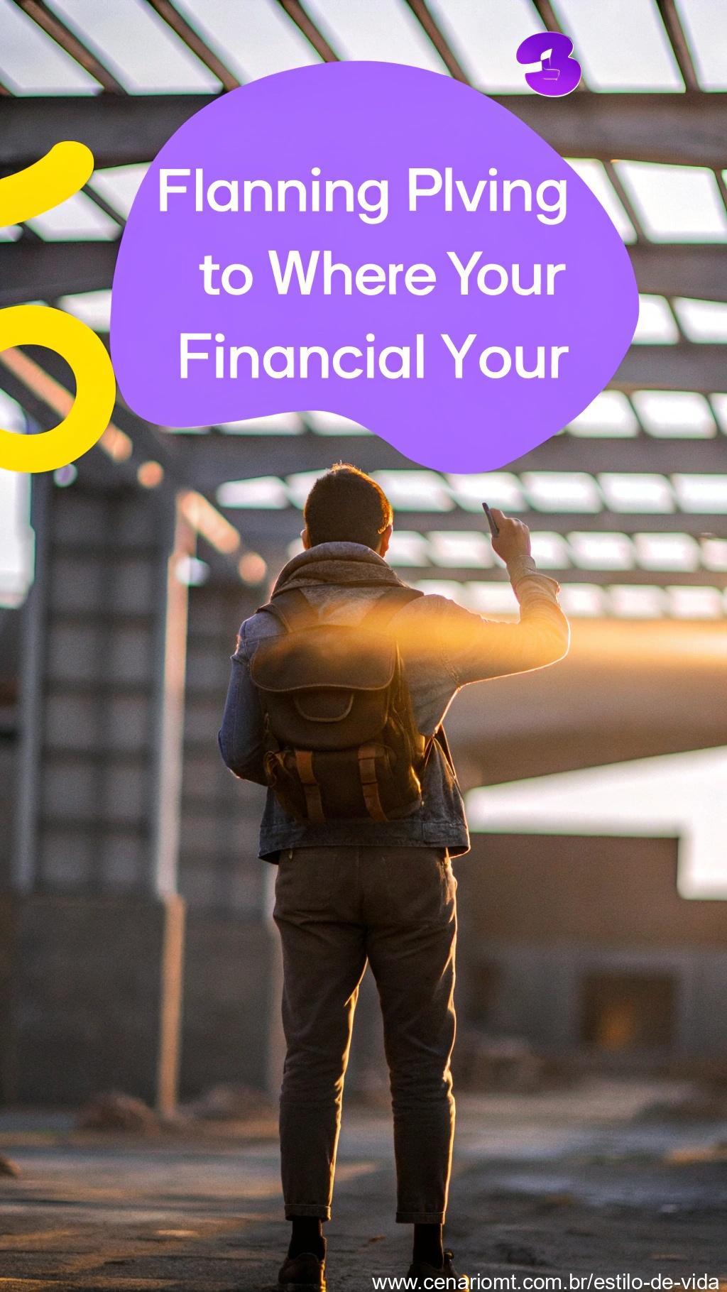 Indivíduo aventureiro, planejando seu futuro financeiro em um ambiente dinâmico ao ar livre com tons ousados de roxo e amarelo.