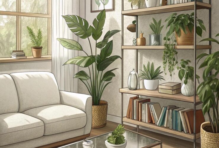 uma sala de estar moderna e limpa com móveis organizados, prateleiras com livros e plantas, e luz natural suave
