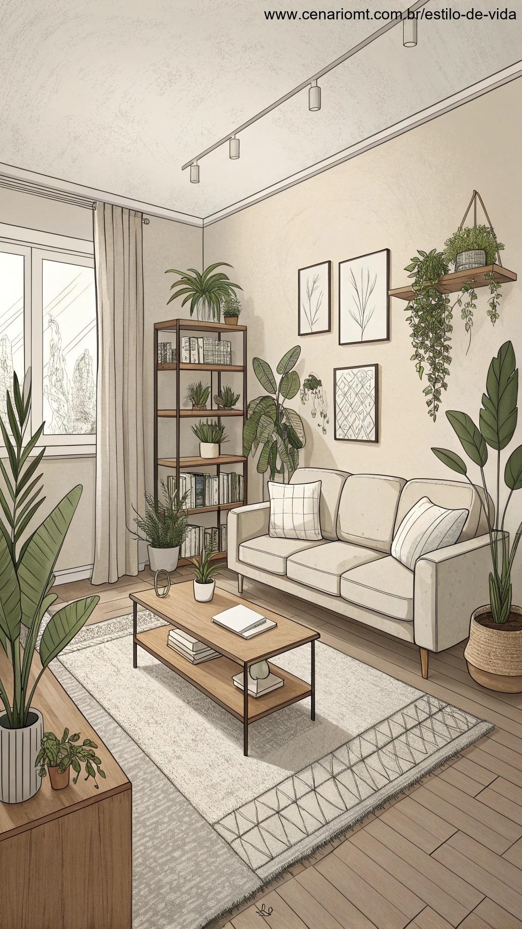 sala de estar minimalista com superfícies limpas, móveis confortáveis e algumas plantas decorativas