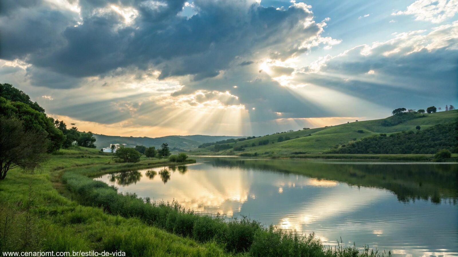 Paisagem serena e tranquila com luz suave, nuvens e um corpo de água calmo refletindo o céu, evocando fé e reflexão.
