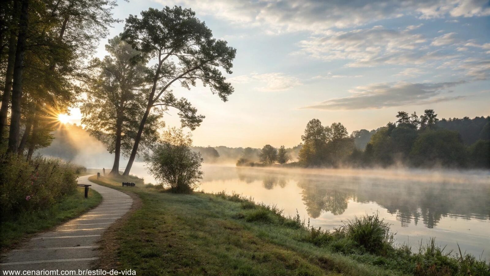 Paisagem serena ao amanhecer com um lago tranquilo e a luz suave do sol, simbolizando esperança e fé.