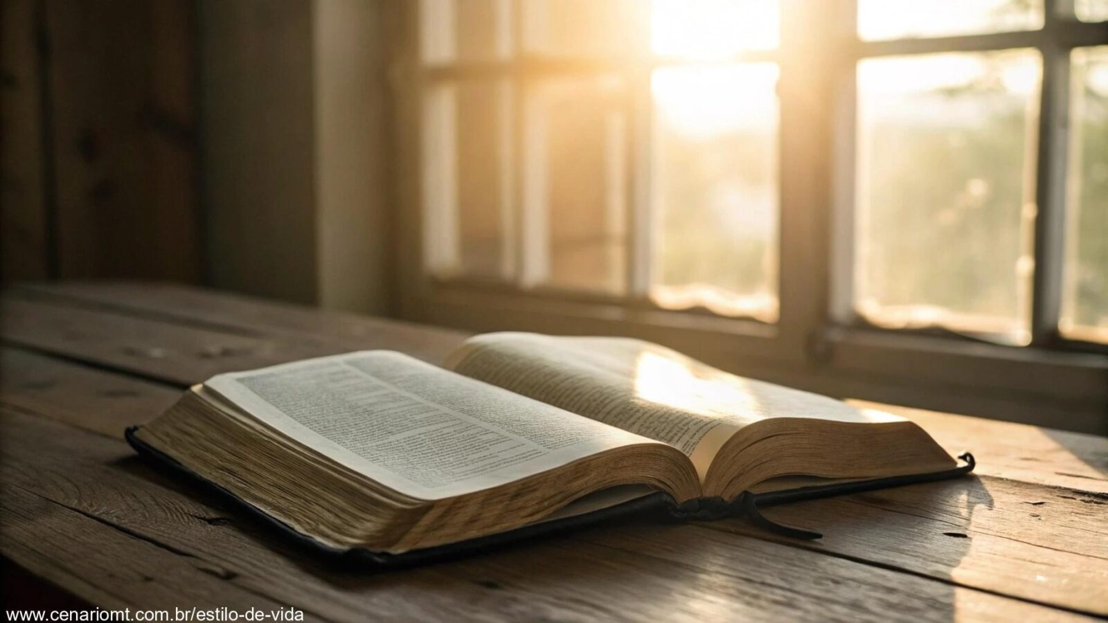 Imagem serena de uma Bíblia aberta no Salmo, com luz suave ao redor.