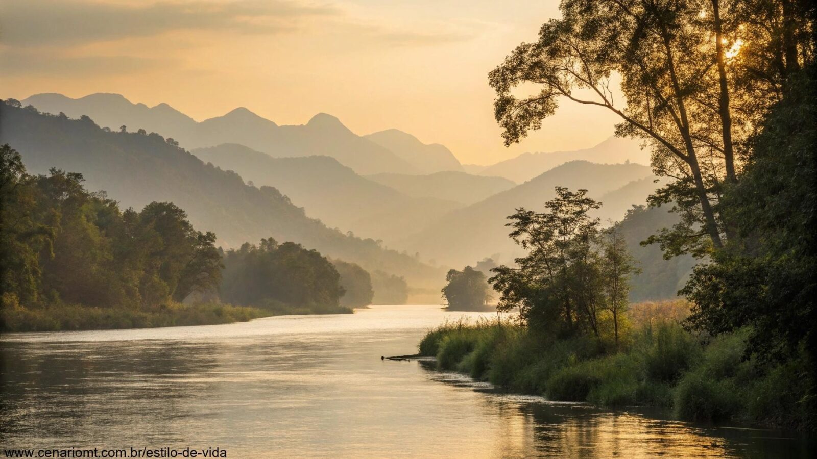 Paisagem tranquila com luz suave do sol filtrando através das árvores, rio calmo e montanhas distantes, evocando reflexão e paz interior.