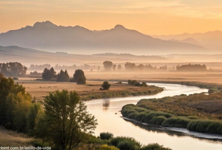 Paisagem serena ao amanhecer com um rio tranquilo e montanhas ao fundo.
