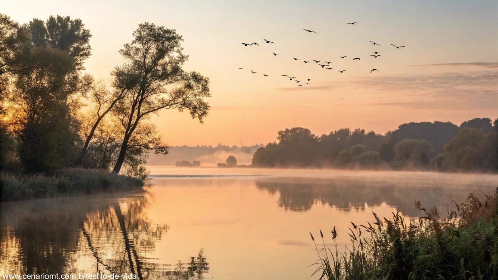 Cena tranquila com um lago calmo e um suave nascer do sol ao fundo, evocando sentimentos de reflexão e paz.