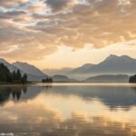 Paisagem tranquila ao amanhecer com um lago calmo e montanhas ao fundo, transmitindo paz e reflexão.