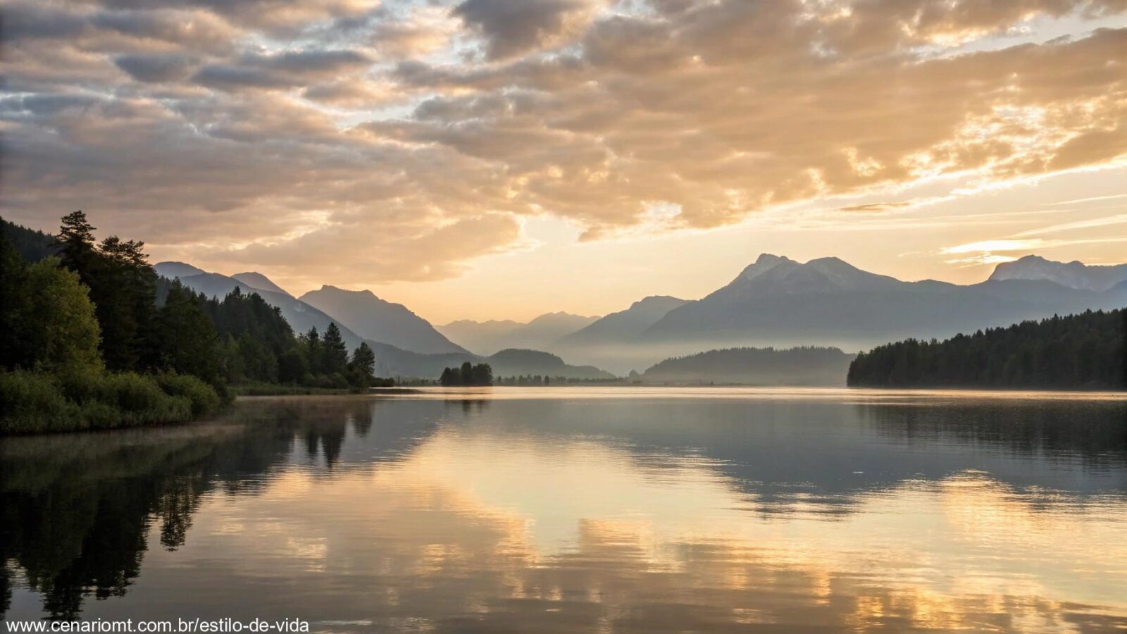 Paisagem tranquila ao amanhecer com um lago calmo e montanhas ao fundo, transmitindo paz e reflexão.