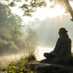 Pessoa meditando em um ambiente natural com luz suave da manhã, transmitindo paz e conexão espiritual.