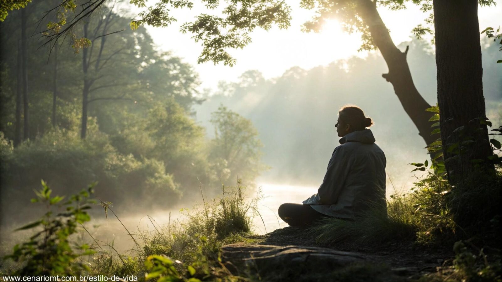 Pessoa meditando em um ambiente natural com luz suave da manhã, transmitindo paz e conexão espiritual.