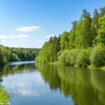 Cena pacífica e serena da natureza, com um rio calmo fluindo por uma floresta verdejante sob um céu azul claro, evocando uma sensação de tranquilidade e reflexão.