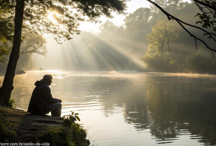 Cena tranquila com luz suave e uma pessoa orando à beira de um rio.