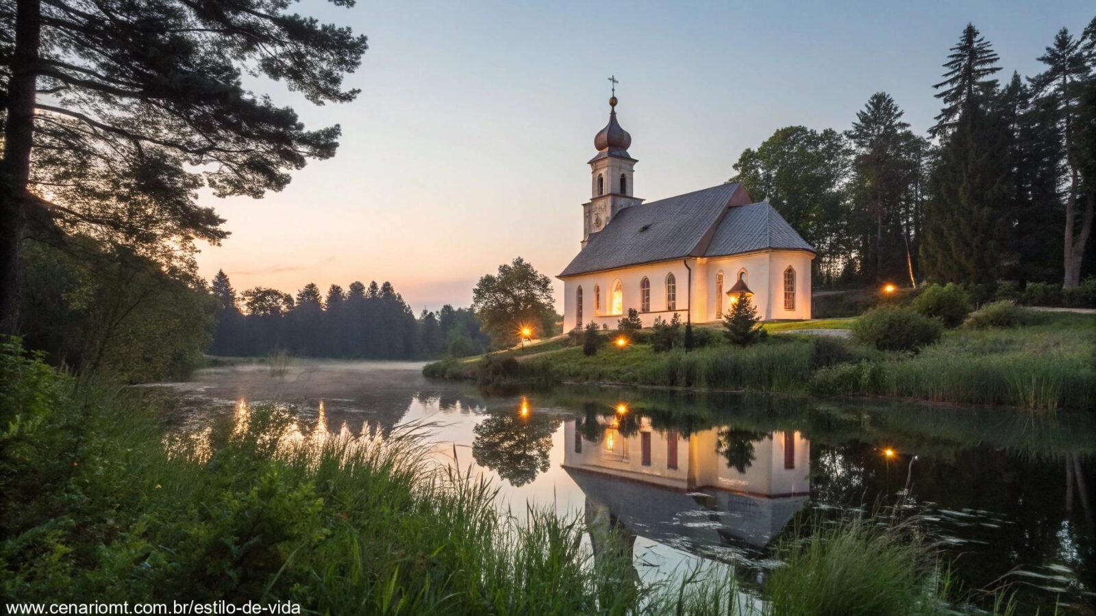 Cena tranquila e serena de uma igreja silenciosa cercada pela natureza, com luz suave iluminando os arredores, evocando reflexão e paz.
