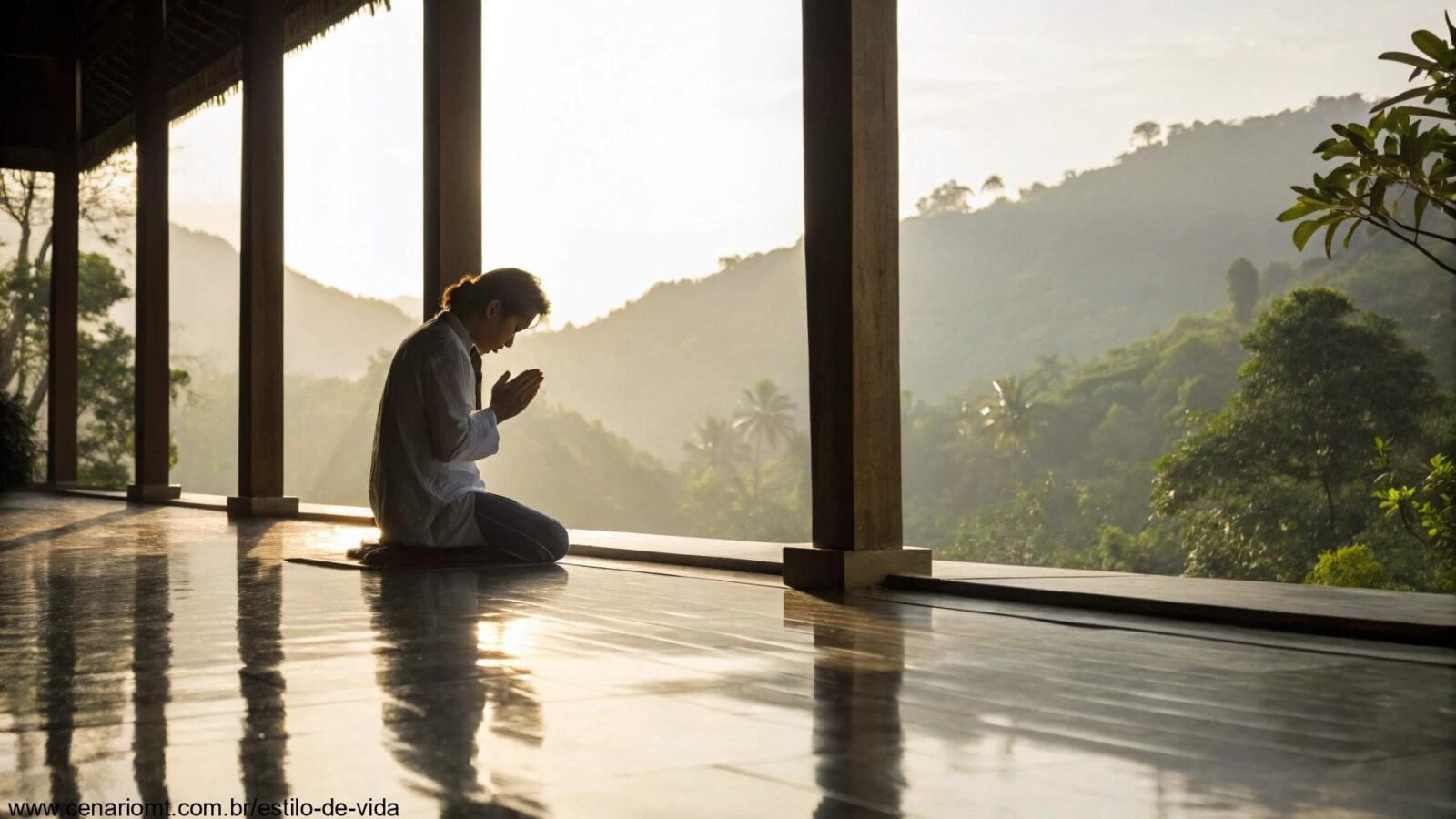 Cena serena e pacífica de uma pessoa orando, com luz natural suave e uma atmosfera calma, refletindo um momento de reflexão e conexão espiritual.